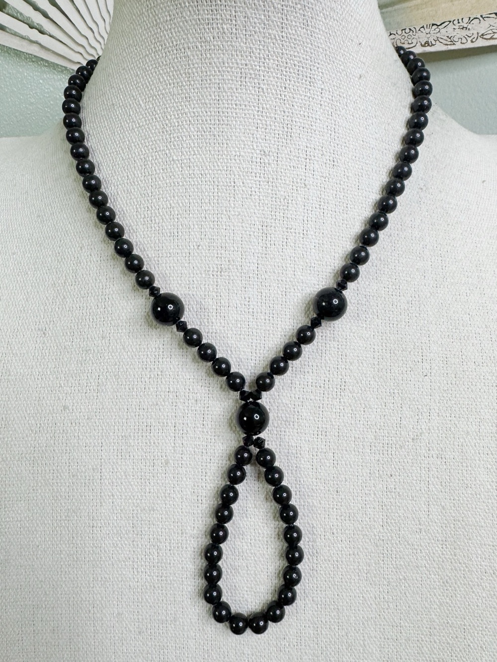 Black Beaded Loop Lariat Necklace - Glass Beads Sterling Clasp